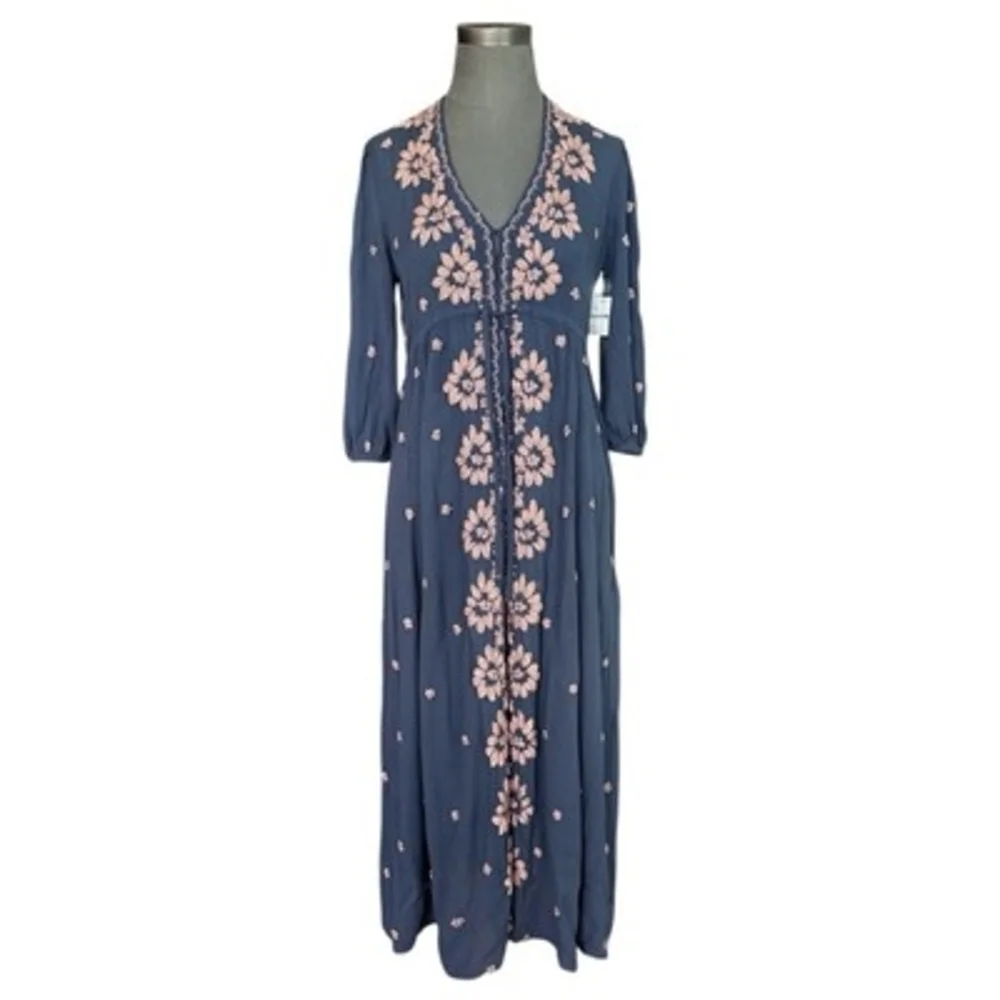 Free People Women's Blue Pink Embroidered Boho Maxi Dress XS V-Neck NWT $168 - Picture 6 of 11